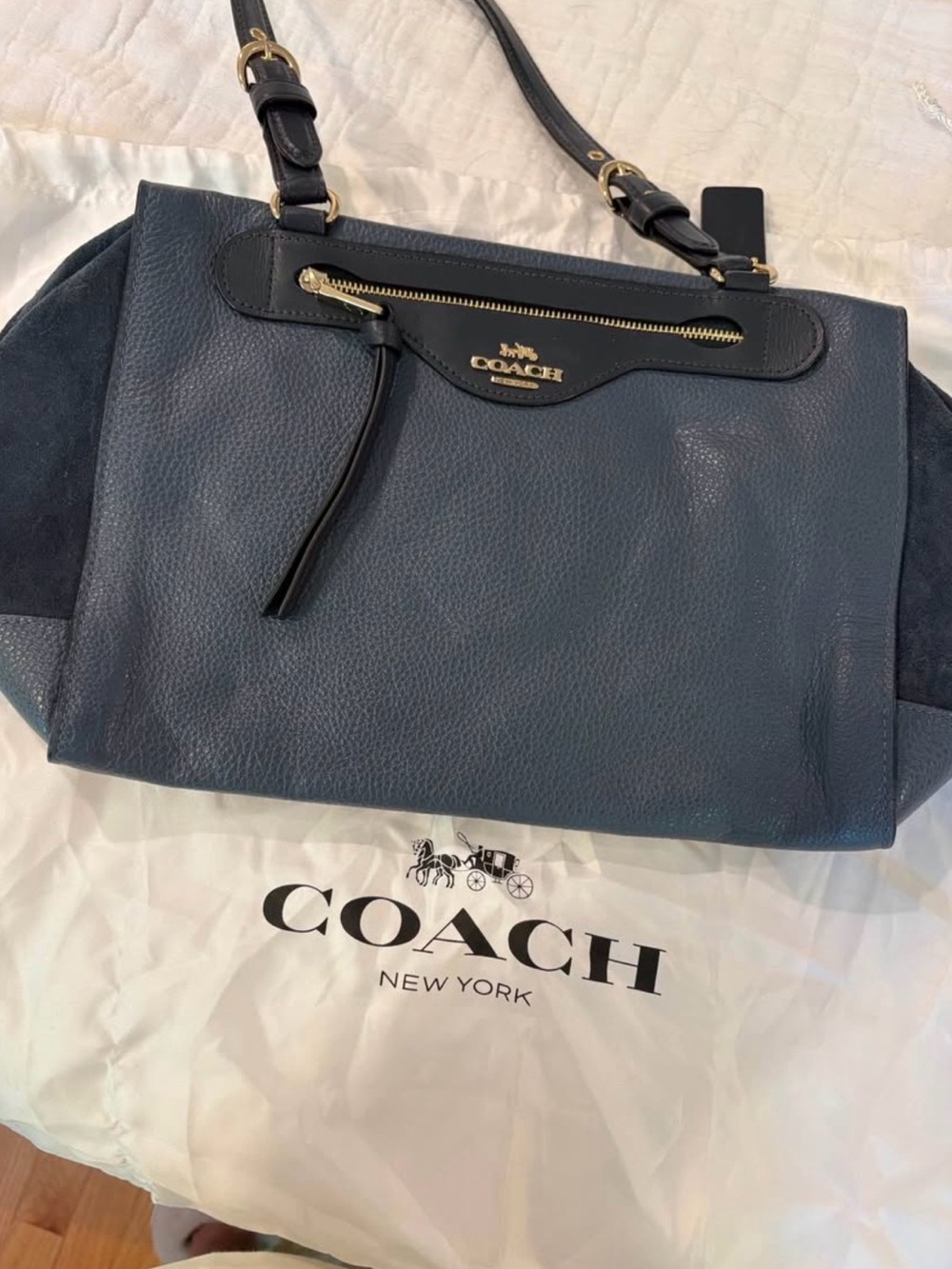 COACH Navy Blue Leather Shoulder Tote with Gold Hardware
